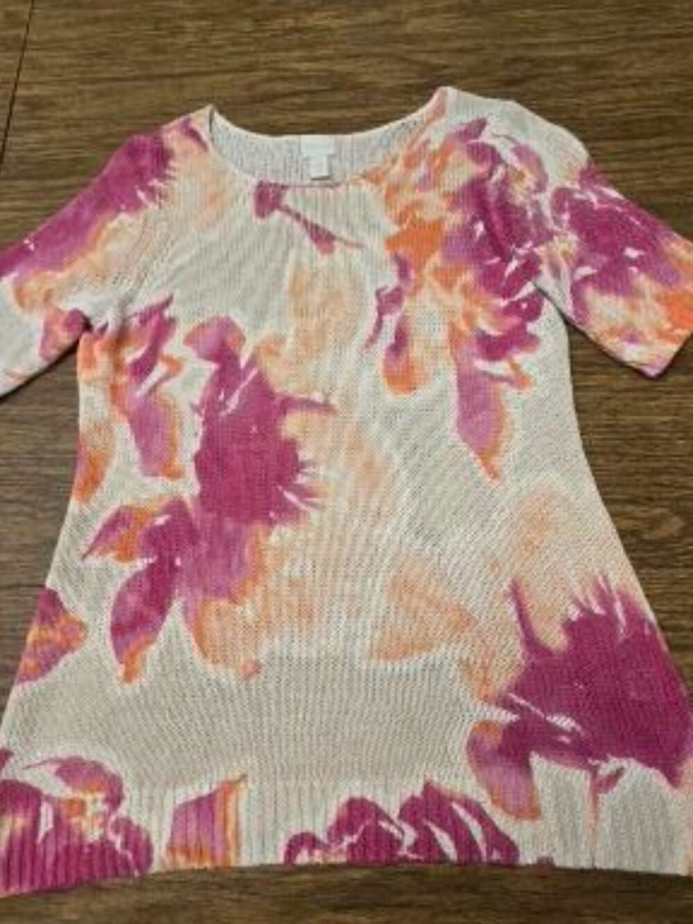 CHICO'S Women's Pink/White Floral Short Sleeves Linen Blend Knit Sweater - Sze 1
